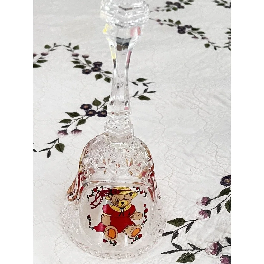 Vintage Large Nanco Lead Crystal Teddy Bear Bell 8” Cut Glass Cottagecore Decor